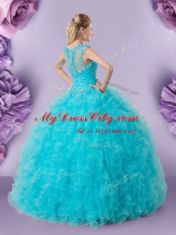 Custom Made Baby Blue Zipper Straps Beading and Ruffles 15th Birthday Dress Tulle Sleeveless