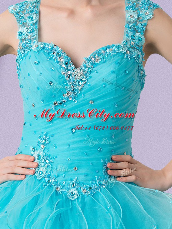 Custom Made Baby Blue Zipper Straps Beading and Ruffles 15th Birthday Dress Tulle Sleeveless