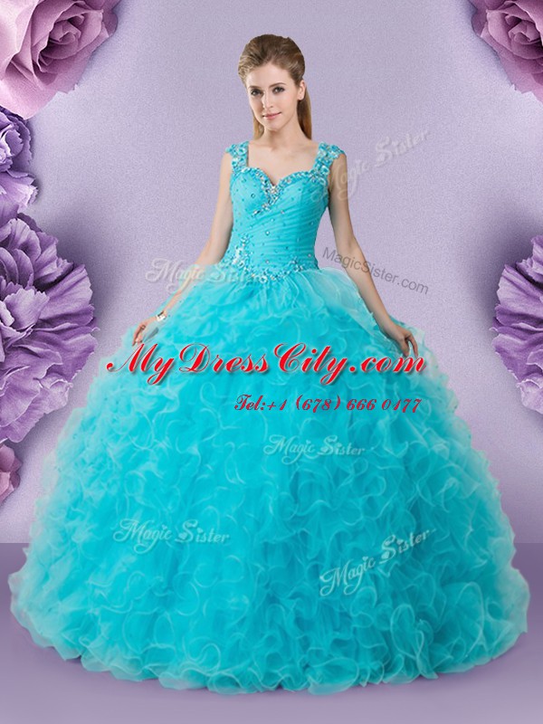 Custom Made Baby Blue Zipper Straps Beading and Ruffles 15th Birthday Dress Tulle Sleeveless