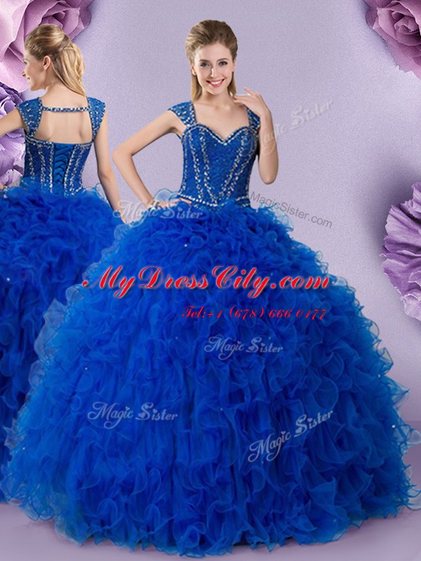 Eye-catching Ball Gowns Ball Gown Prom Dress Royal Blue Straps Tulle Cap Sleeves Floor Length Lace Up