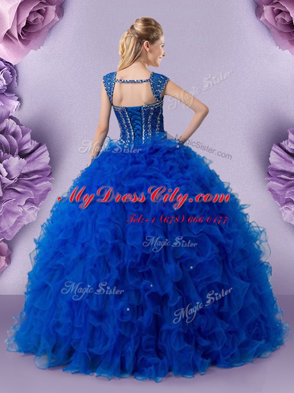 Eye-catching Ball Gowns Ball Gown Prom Dress Royal Blue Straps Tulle Cap Sleeves Floor Length Lace Up