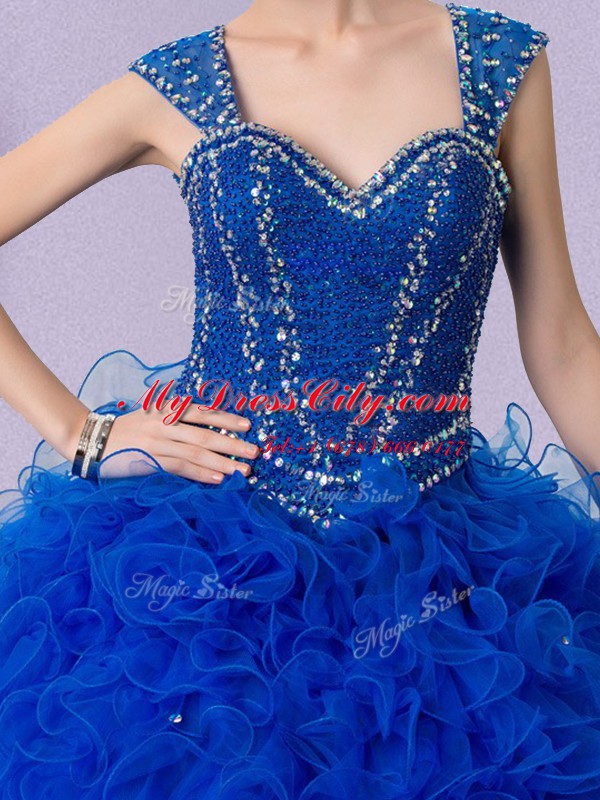 Eye-catching Ball Gowns Ball Gown Prom Dress Royal Blue Straps Tulle Cap Sleeves Floor Length Lace Up