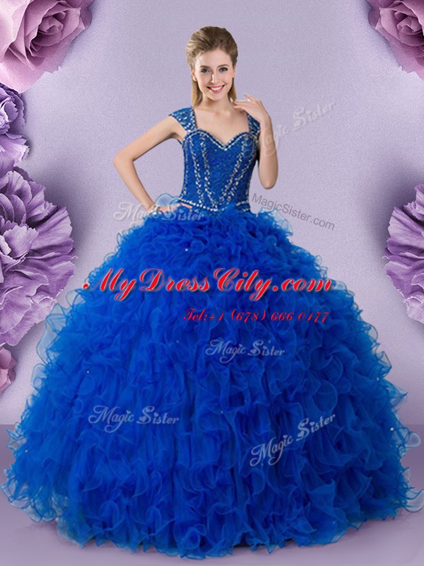 Eye-catching Ball Gowns Ball Gown Prom Dress Royal Blue Straps Tulle Cap Sleeves Floor Length Lace Up