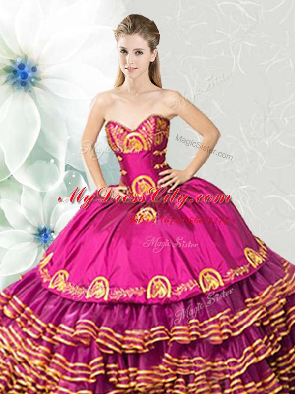 Stylish Fuchsia Ball Gowns Organza and Taffeta Sweetheart Sleeveless Embroidery and Ruffled Layers Floor Length Lace Up Quinceanera Gown