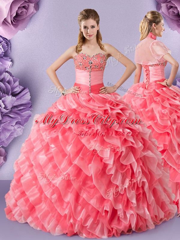 Sweetheart Sleeveless Lace Up Quinceanera Dresses Watermelon Red Organza