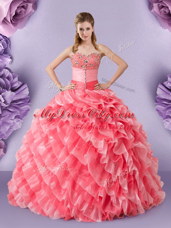 Sweetheart Sleeveless Lace Up Quinceanera Dresses Watermelon Red Organza