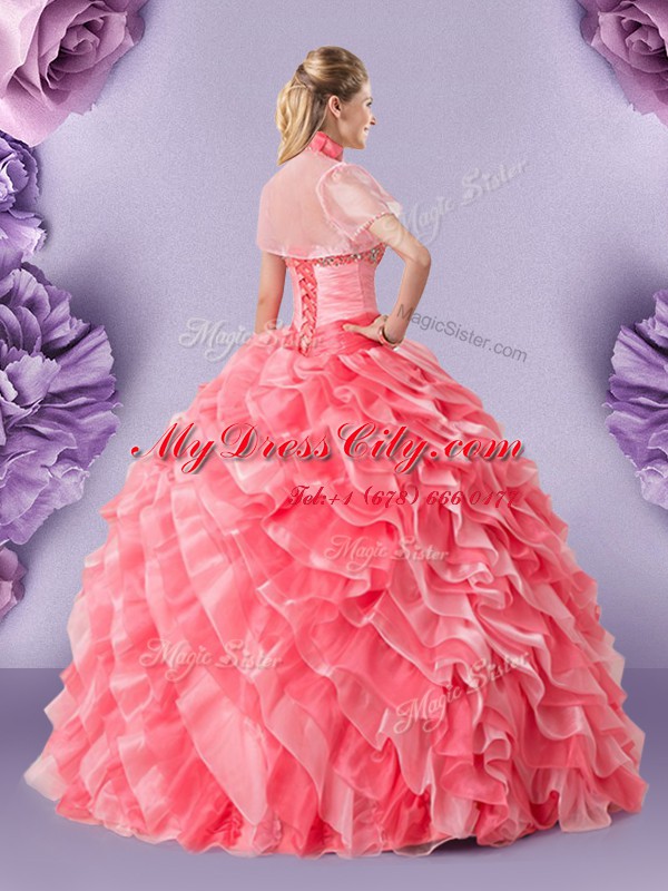 Sweetheart Sleeveless Lace Up Quinceanera Dresses Watermelon Red Organza