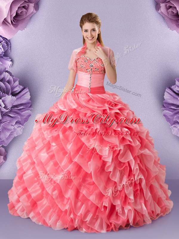 Sweetheart Sleeveless Lace Up Quinceanera Dresses Watermelon Red Organza