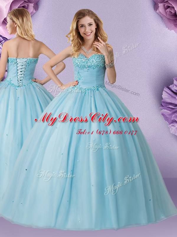 Clearance Sweetheart Sleeveless Lace Up Quince Ball Gowns Light Blue Tulle