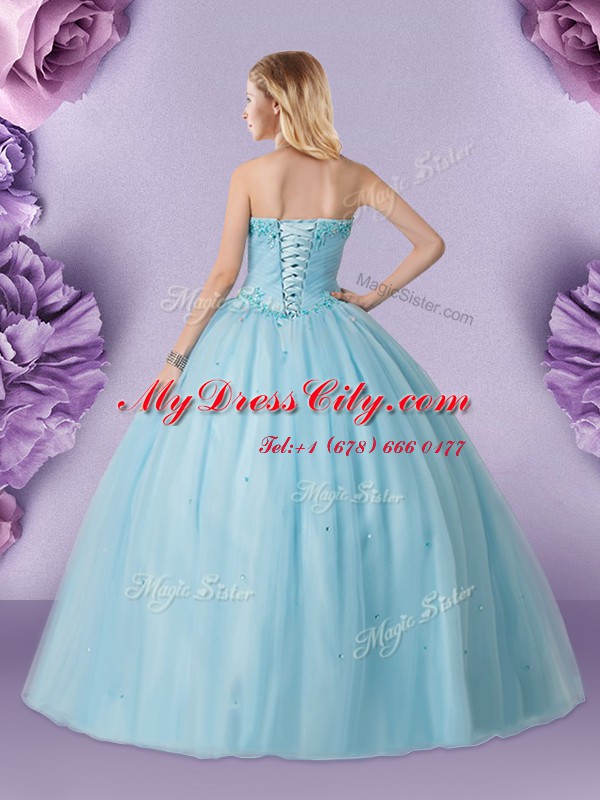 Clearance Sweetheart Sleeveless Lace Up Quince Ball Gowns Light Blue Tulle