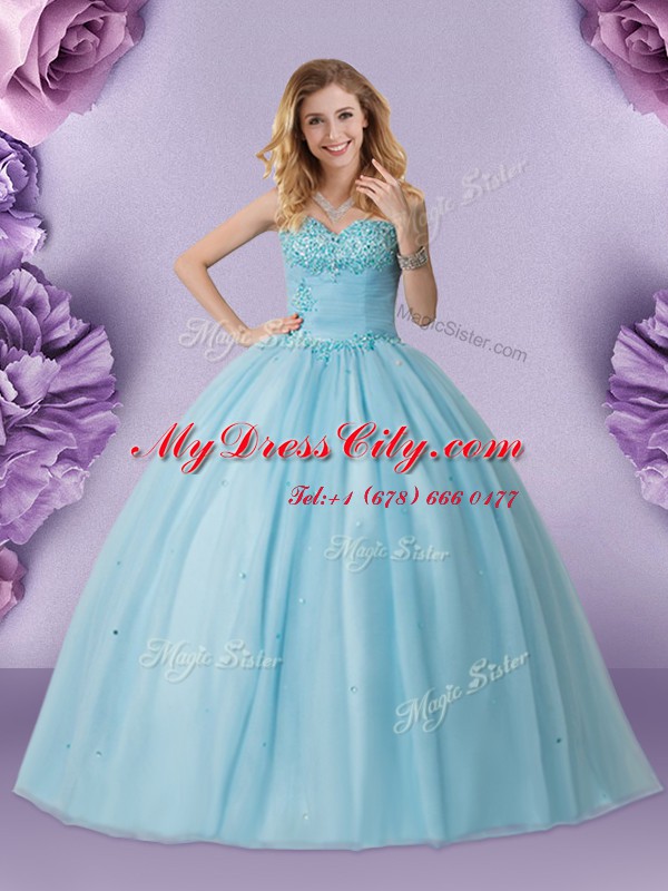 Clearance Sweetheart Sleeveless Lace Up Quince Ball Gowns Light Blue Tulle