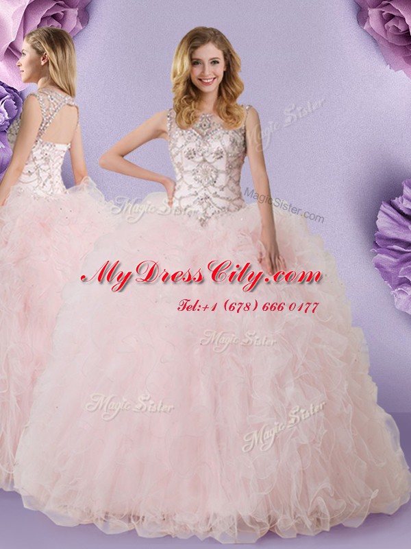 Tulle Scoop Sleeveless Lace Up Lace Quinceanera Gowns in Baby Pink