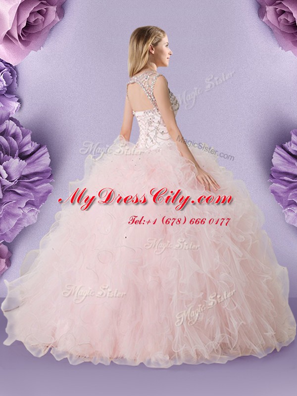 Tulle Scoop Sleeveless Lace Up Lace Quinceanera Gowns in Baby Pink