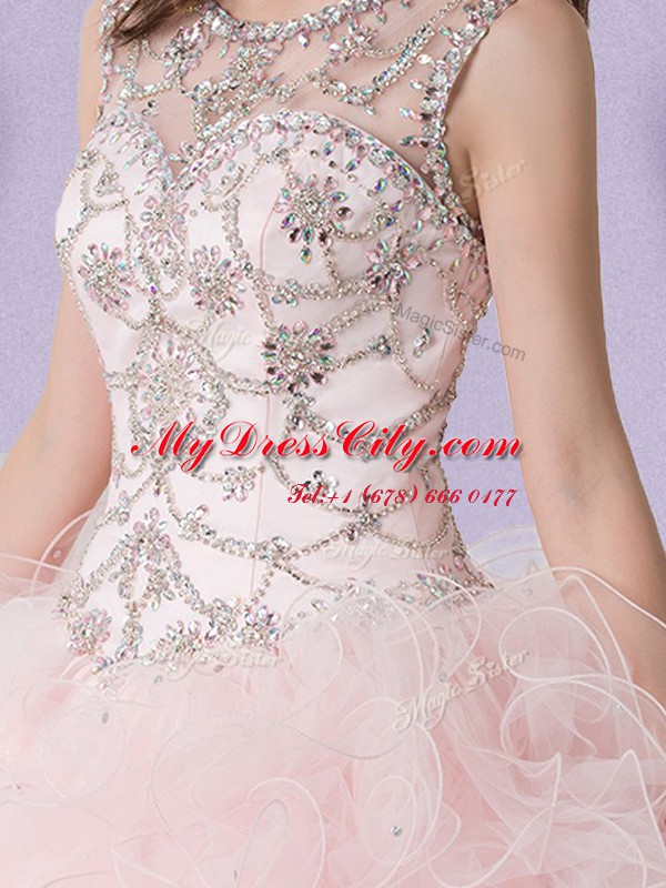 Tulle Scoop Sleeveless Lace Up Lace Quinceanera Gowns in Baby Pink