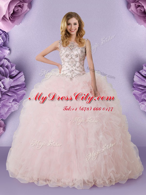 Tulle Scoop Sleeveless Lace Up Lace Quinceanera Gowns in Baby Pink