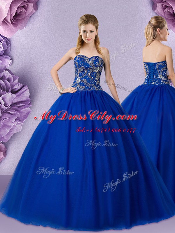 Exceptional Royal Blue Ball Gowns Sweetheart Sleeveless Tulle Floor Length Lace Up Beading Ball Gown Prom Dress