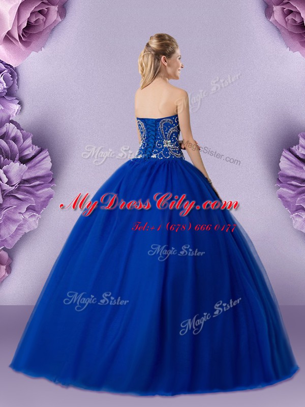 Exceptional Royal Blue Ball Gowns Sweetheart Sleeveless Tulle Floor Length Lace Up Beading Ball Gown Prom Dress