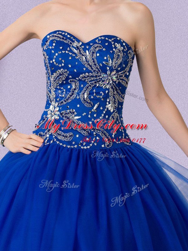 Exceptional Royal Blue Ball Gowns Sweetheart Sleeveless Tulle Floor Length Lace Up Beading Ball Gown Prom Dress