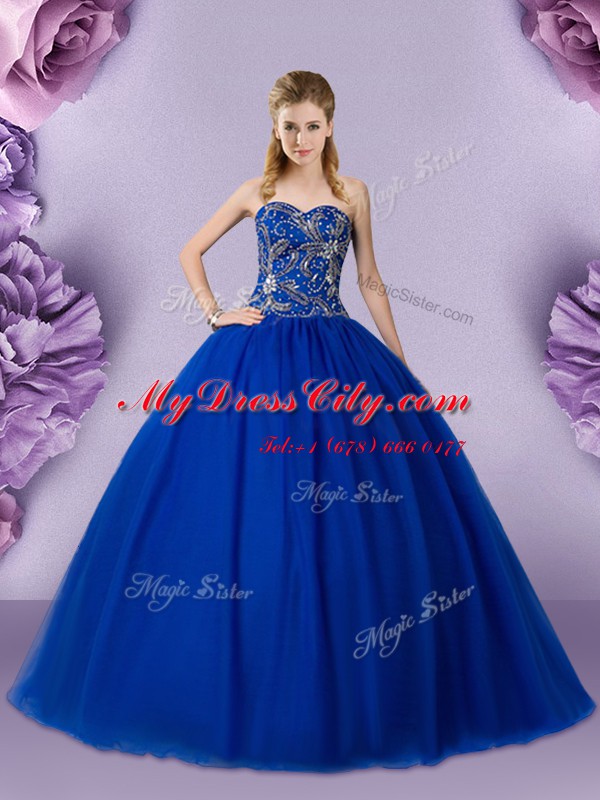 Exceptional Royal Blue Ball Gowns Sweetheart Sleeveless Tulle Floor Length Lace Up Beading Ball Gown Prom Dress