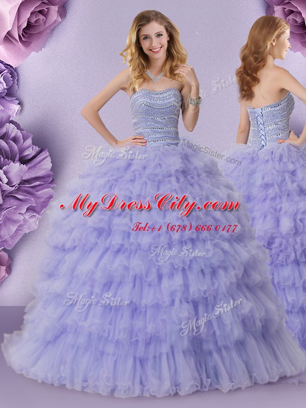 Nice Lavender Ball Gowns Beading and Ruffled Layers Sweet 16 Dresses Lace Up Tulle Sleeveless Floor Length