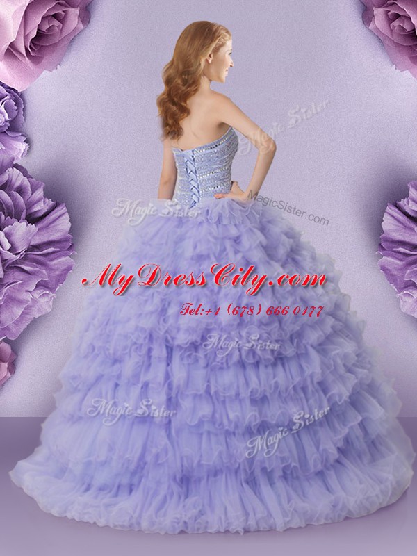 Nice Lavender Ball Gowns Beading and Ruffled Layers Sweet 16 Dresses Lace Up Tulle Sleeveless Floor Length