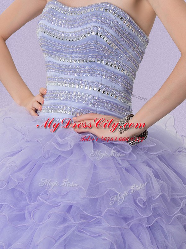 Nice Lavender Ball Gowns Beading and Ruffled Layers Sweet 16 Dresses Lace Up Tulle Sleeveless Floor Length