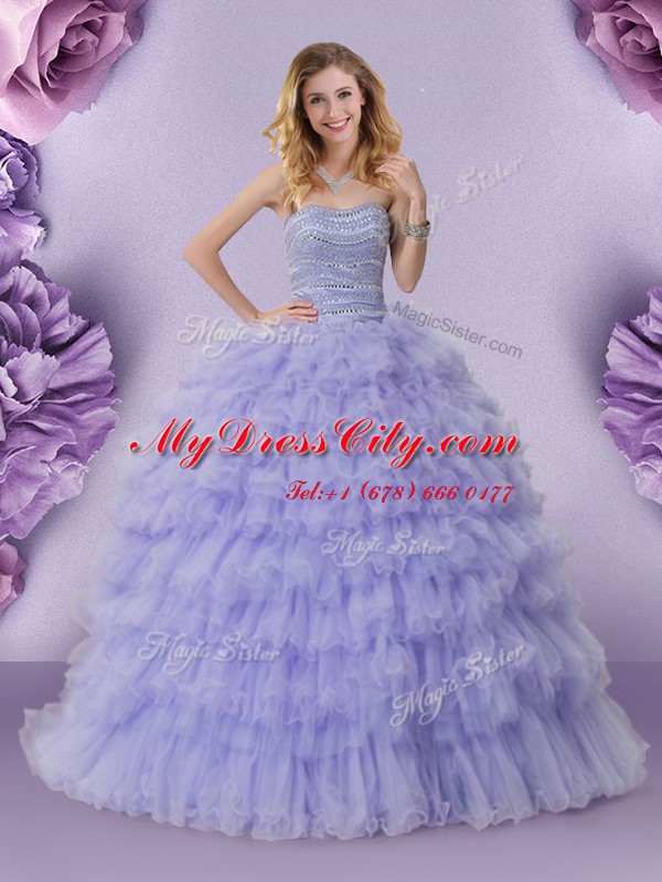 Nice Lavender Ball Gowns Beading and Ruffled Layers Sweet 16 Dresses Lace Up Tulle Sleeveless Floor Length