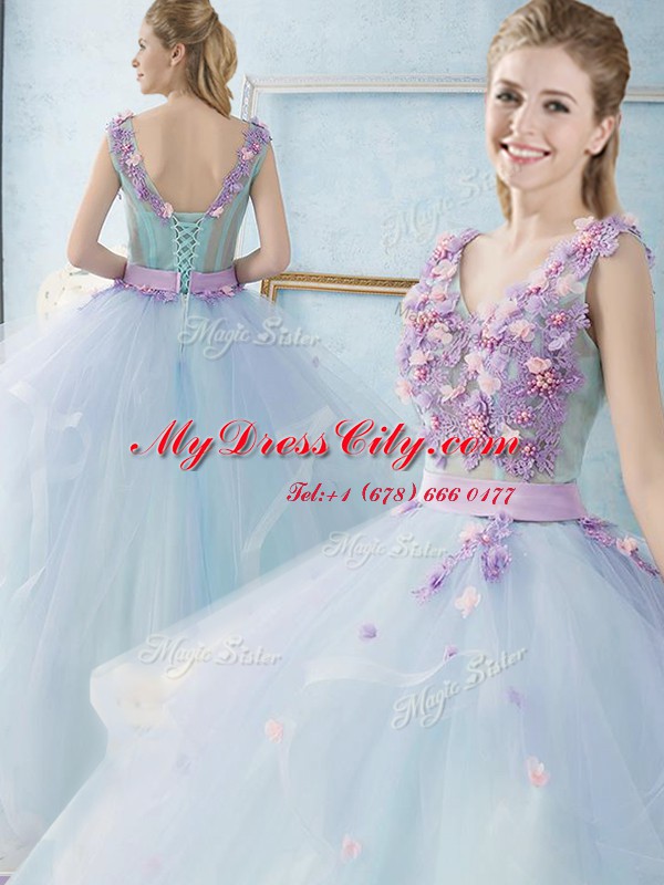 Excellent Floor Length Lace Up Quinceanera Dresses Light Blue for Military Ball and Sweet 16 and Quinceanera with Appliques and Ruffles