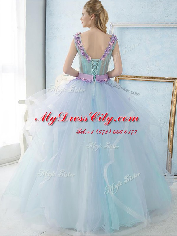 Excellent Floor Length Lace Up Quinceanera Dresses Light Blue for Military Ball and Sweet 16 and Quinceanera with Appliques and Ruffles