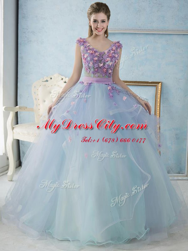 Excellent Floor Length Lace Up Quinceanera Dresses Light Blue for Military Ball and Sweet 16 and Quinceanera with Appliques and Ruffles