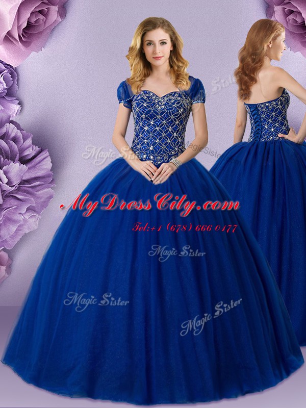 Royal Blue Lace Up Quinceanera Gowns Beading Sleeveless Floor Length