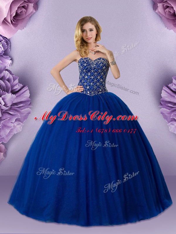 Royal Blue Lace Up Quinceanera Gowns Beading Sleeveless Floor Length