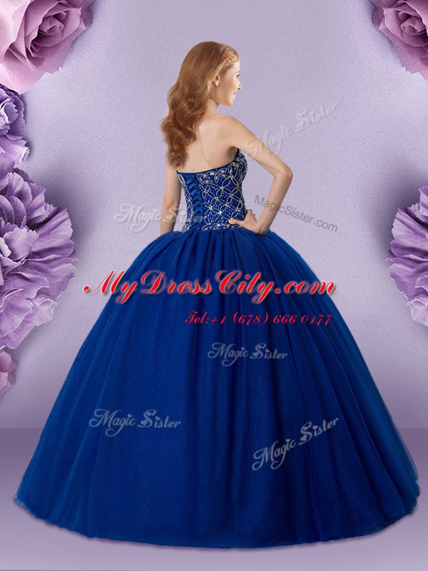 Royal Blue Lace Up Quinceanera Gowns Beading Sleeveless Floor Length