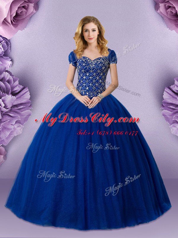 Royal Blue Lace Up Quinceanera Gowns Beading Sleeveless Floor Length