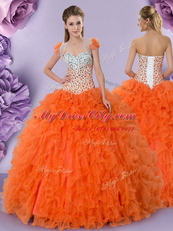 Latest Orange Red Ball Gowns Tulle Sweetheart Sleeveless Beading and Ruffles Floor Length Lace Up Sweet 16 Dresses