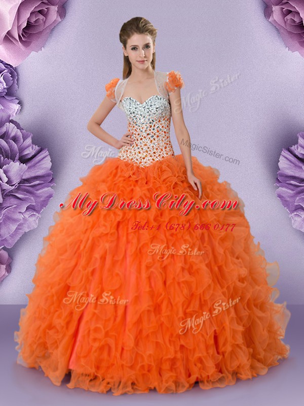 Latest Orange Red Ball Gowns Tulle Sweetheart Sleeveless Beading and Ruffles Floor Length Lace Up Sweet 16 Dresses