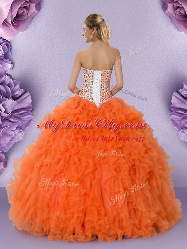 Latest Orange Red Ball Gowns Tulle Sweetheart Sleeveless Beading and Ruffles Floor Length Lace Up Sweet 16 Dresses