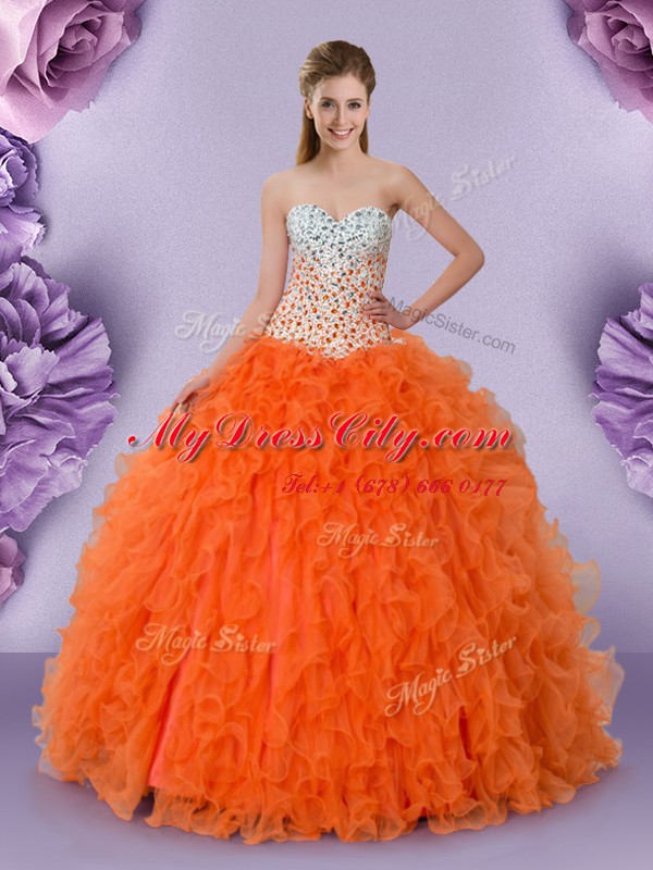 Latest Orange Red Ball Gowns Tulle Sweetheart Sleeveless Beading and Ruffles Floor Length Lace Up Sweet 16 Dresses