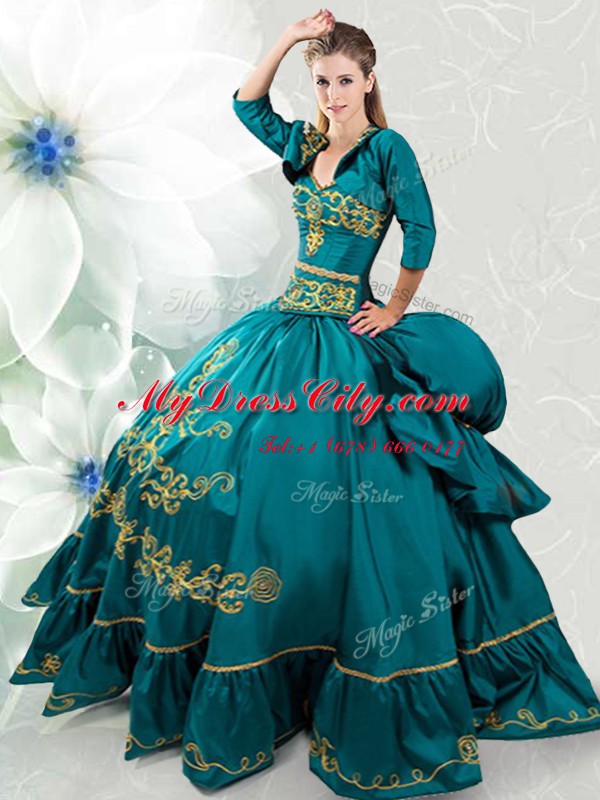 Excellent Sweetheart Sleeveless Sweet 16 Quinceanera Dress Floor Length Beading and Embroidery Teal Taffeta