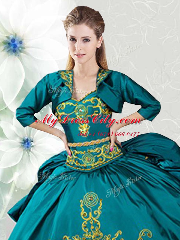 Excellent Sweetheart Sleeveless Sweet 16 Quinceanera Dress Floor Length Beading and Embroidery Teal Taffeta