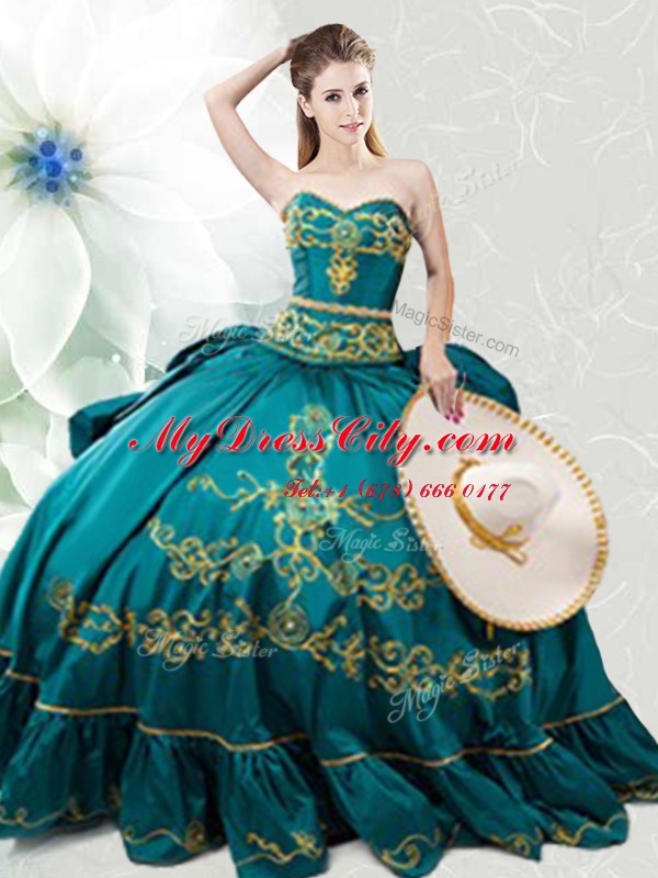 Excellent Sweetheart Sleeveless Sweet 16 Quinceanera Dress Floor Length Beading and Embroidery Teal Taffeta