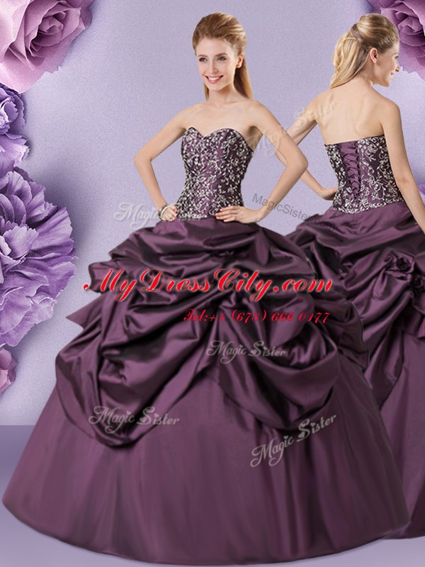 Floor Length Lace Up Sweet 16 Dresses Purple for Military Ball and Sweet 16 and Quinceanera with Embroidery and Pick Ups