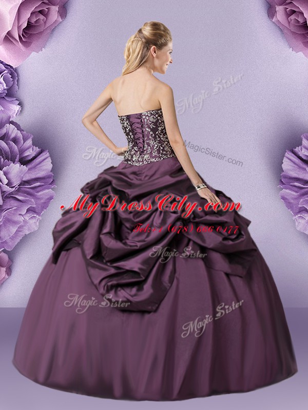 Floor Length Lace Up Sweet 16 Dresses Purple for Military Ball and Sweet 16 and Quinceanera with Embroidery and Pick Ups