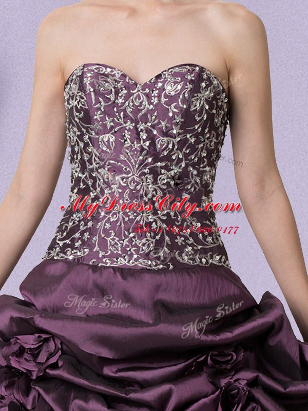 Floor Length Lace Up Sweet 16 Dresses Purple for Military Ball and Sweet 16 and Quinceanera with Embroidery and Pick Ups