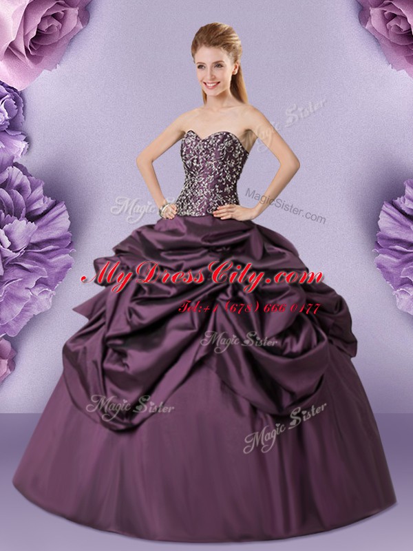 Floor Length Lace Up Sweet 16 Dresses Purple for Military Ball and Sweet 16 and Quinceanera with Embroidery and Pick Ups