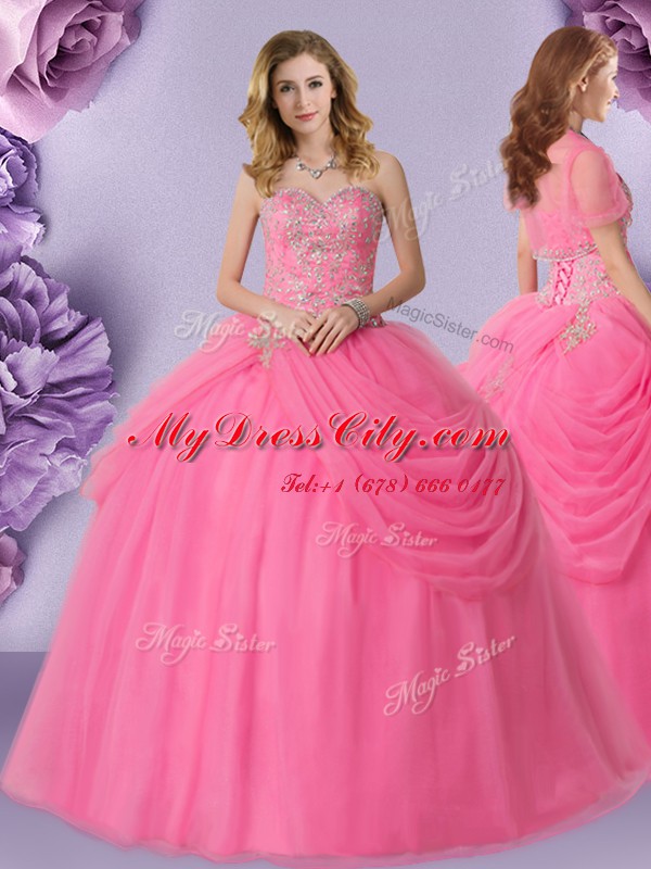 Floor Length Lace Up Sweet 16 Dress Rose Pink for Military Ball and Sweet 16 and Quinceanera with Beading and Pick Ups