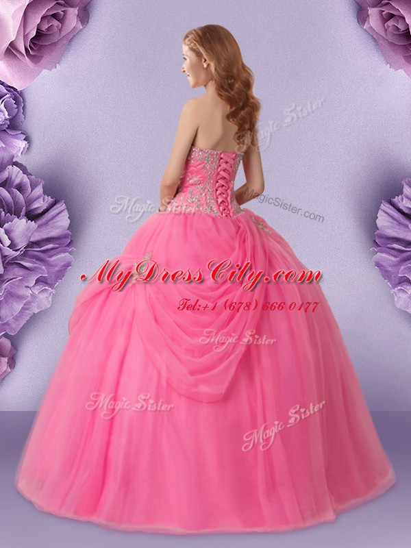 Floor Length Lace Up Sweet 16 Dress Rose Pink for Military Ball and Sweet 16 and Quinceanera with Beading and Pick Ups