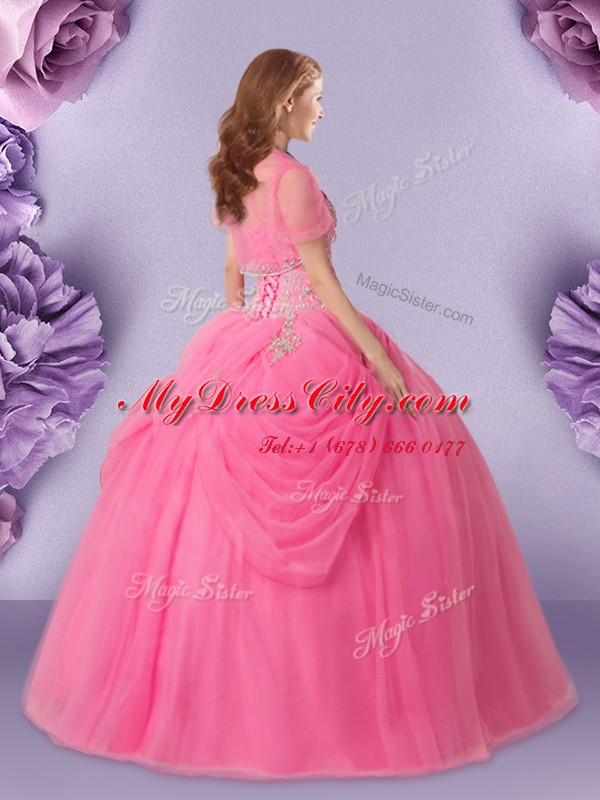 Floor Length Lace Up Sweet 16 Dress Rose Pink for Military Ball and Sweet 16 and Quinceanera with Beading and Pick Ups