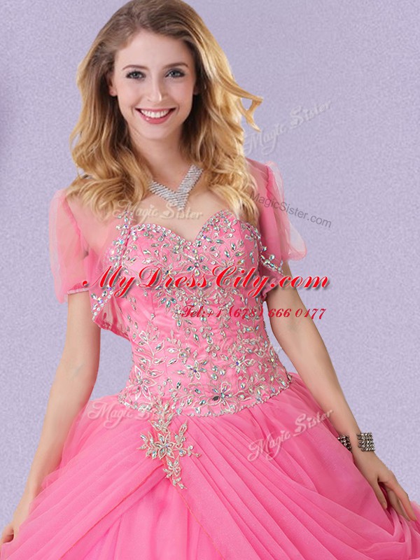 Floor Length Lace Up Sweet 16 Dress Rose Pink for Military Ball and Sweet 16 and Quinceanera with Beading and Pick Ups