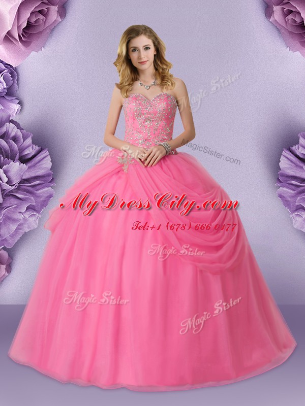 Floor Length Lace Up Sweet 16 Dress Rose Pink for Military Ball and Sweet 16 and Quinceanera with Beading and Pick Ups